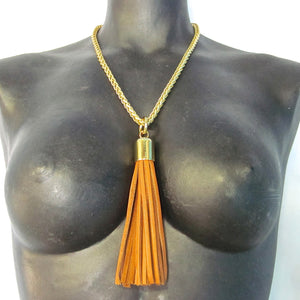 STAINLESS STEEL CHAINS AND LARGE DEERSKIN LEATHER TASSEL NECKLACE by nyet jewelry