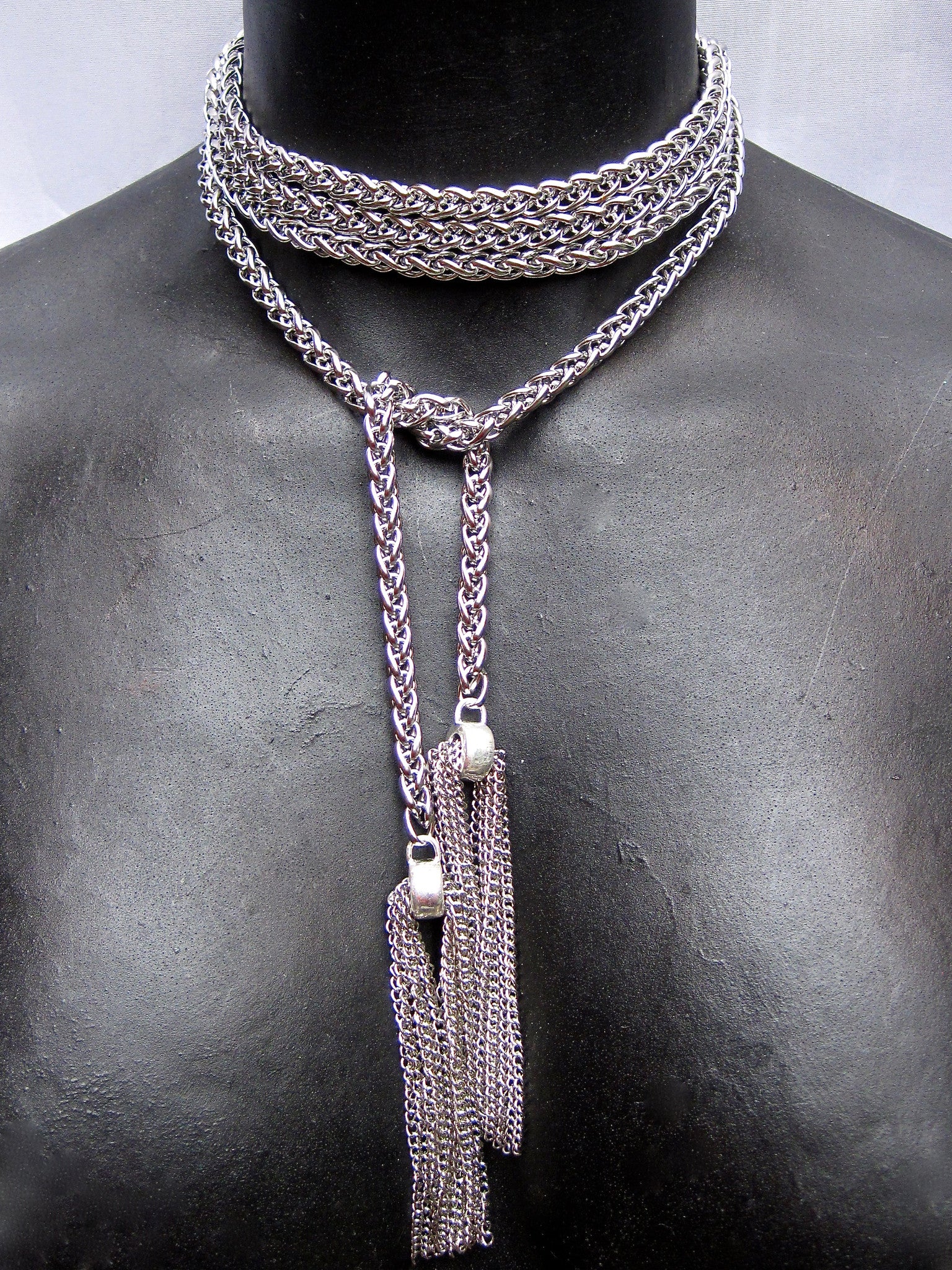 EXTRA LONG STAINLESS STEEL LARIAT NECKLACE WITH CHAIN TASSELS. by NYET Jewelry.