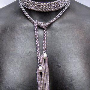 EXTRA LONG STAINLESS STEEL LARIAT NECKLACE WITH CHAIN TASSELS. by NYET Jewelry.