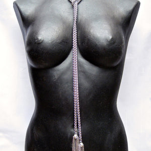 EXTRA LONG STAINLESS STEEL LARIAT NECKLACE WITH CHAIN TASSELS. by NYET Jewelry.