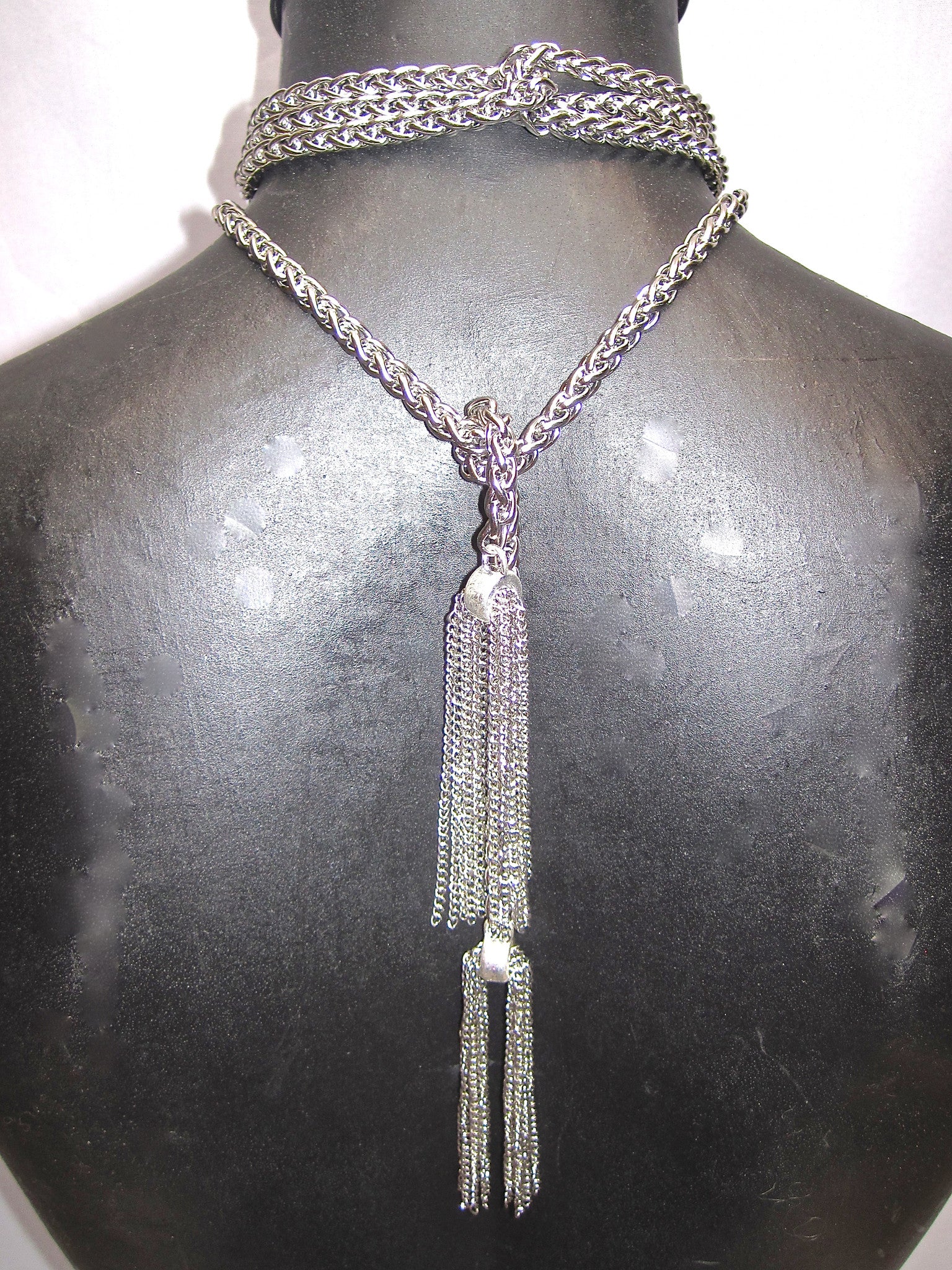 EXTRA LONG STAINLESS STEEL LARIAT NECKLACE WITH CHAIN TASSELS. by NYET Jewelry.