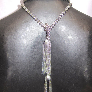 EXTRA LONG STAINLESS STEEL LARIAT NECKLACE WITH CHAIN TASSELS. by NYET Jewelry.