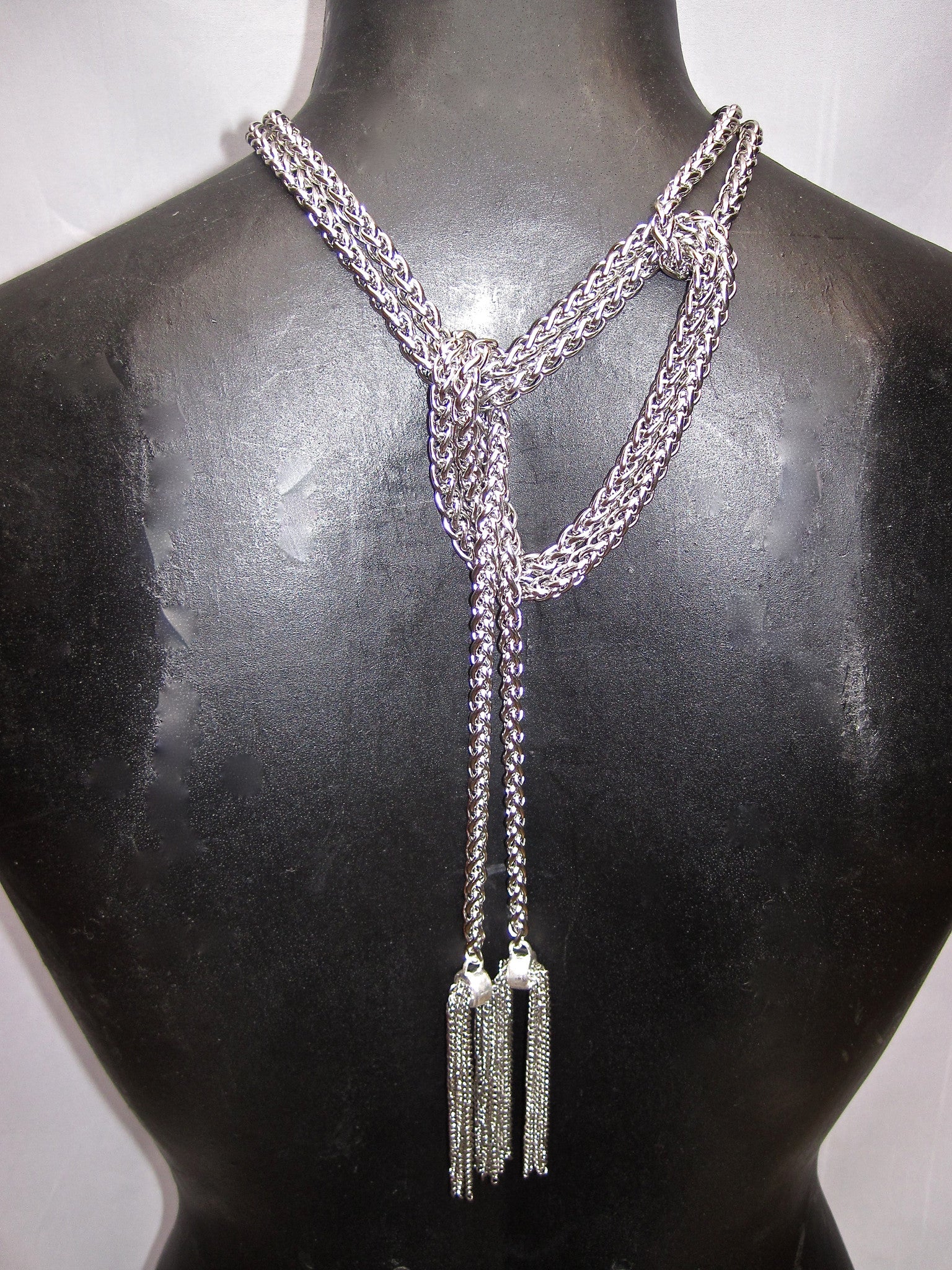 EXTRA LONG STAINLESS STEEL LARIAT NECKLACE WITH CHAIN TASSELS. by NYET Jewelry.