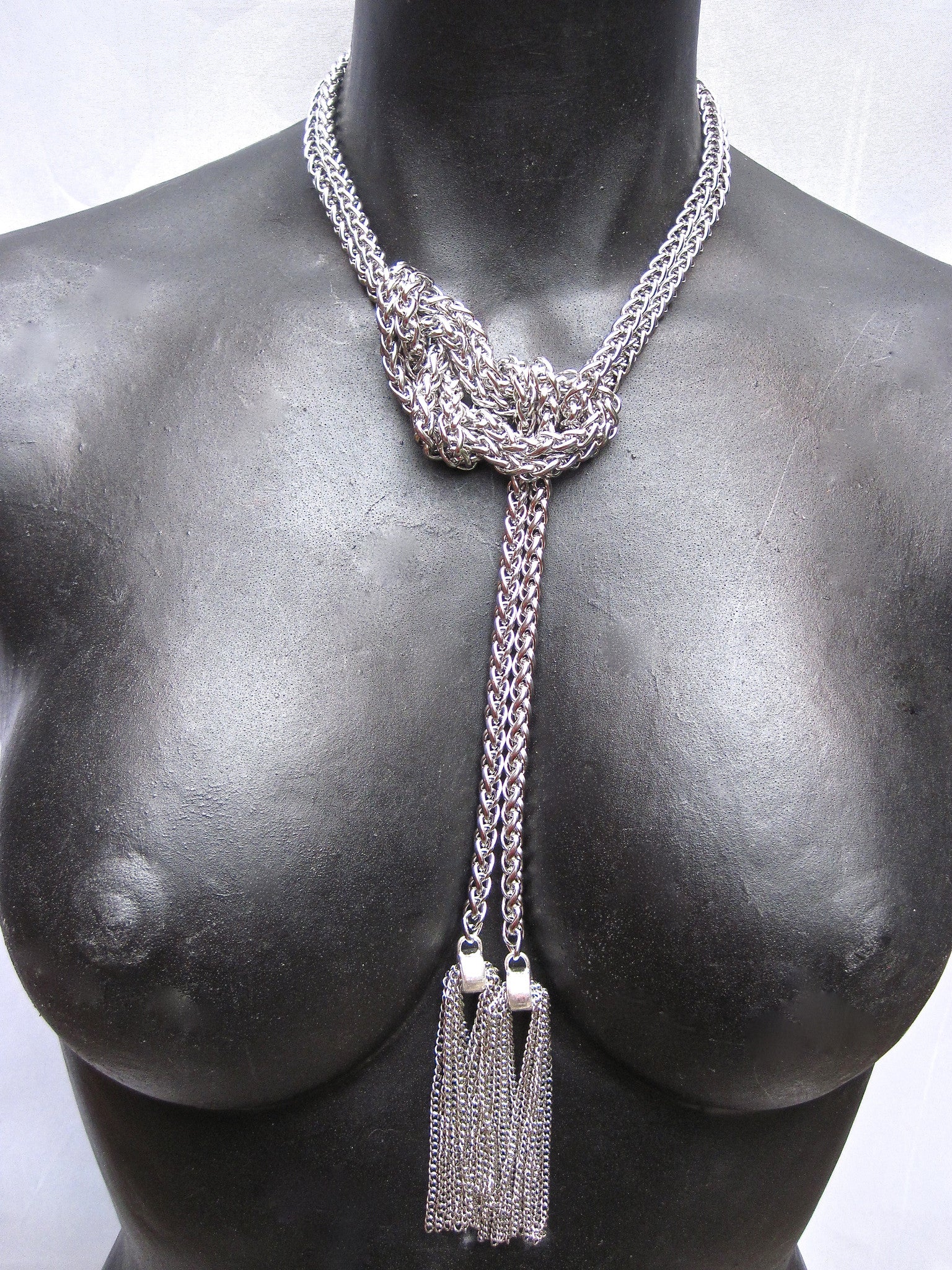 EXTRA LONG STAINLESS STEEL LARIAT NECKLACE WITH CHAIN TASSELS. by NYET Jewelry.