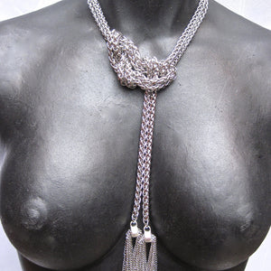 EXTRA LONG STAINLESS STEEL LARIAT NECKLACE WITH CHAIN TASSELS. by NYET Jewelry.