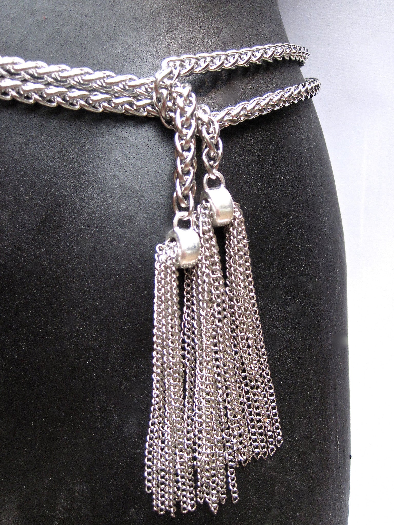 EXTRA LONG STAINLESS STEEL LARIAT NECKLACE WITH CHAIN TASSELS. by NYET Jewelry.