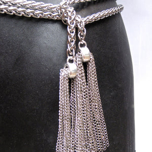 EXTRA LONG STAINLESS STEEL LARIAT NECKLACE WITH CHAIN TASSELS. by NYET Jewelry.