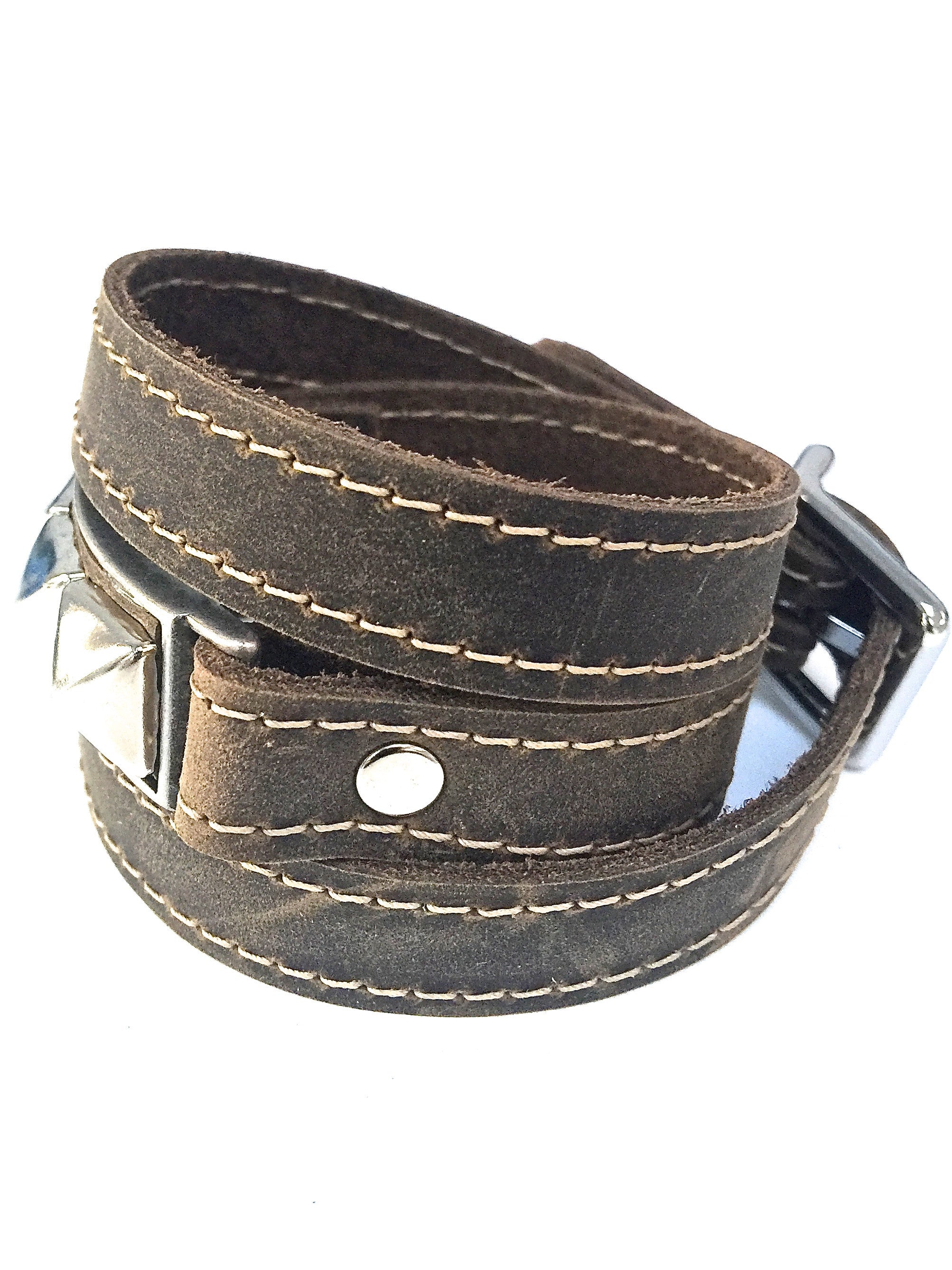 Riveted Distressed Utility Leather Wraparound Bracelet    Apps   Save