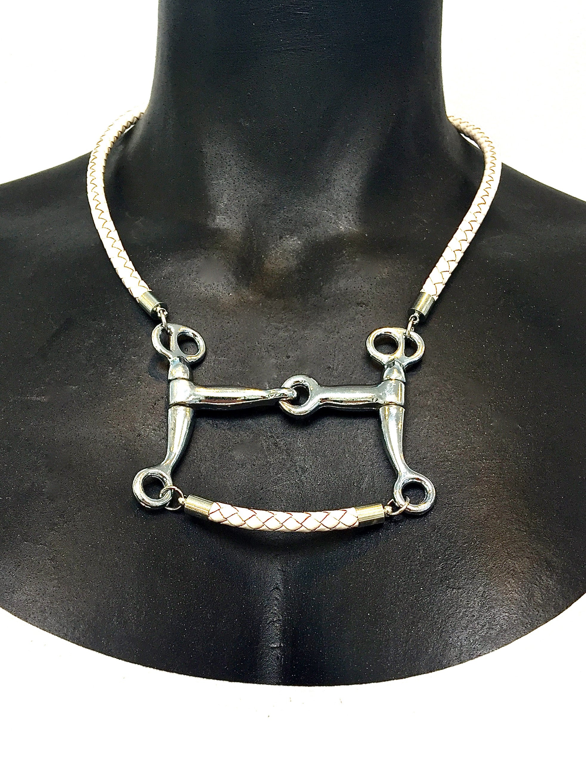 5 MM ROUND BRAIDED LEATHER NECKLACE WITH PELHAM HORSE BIT PENDANT AND LEATHER BAR by nyet jewelry