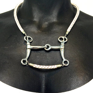 5 MM ROUND BRAIDED LEATHER NECKLACE WITH PELHAM HORSE BIT PENDANT AND LEATHER BAR by nyet jewelry