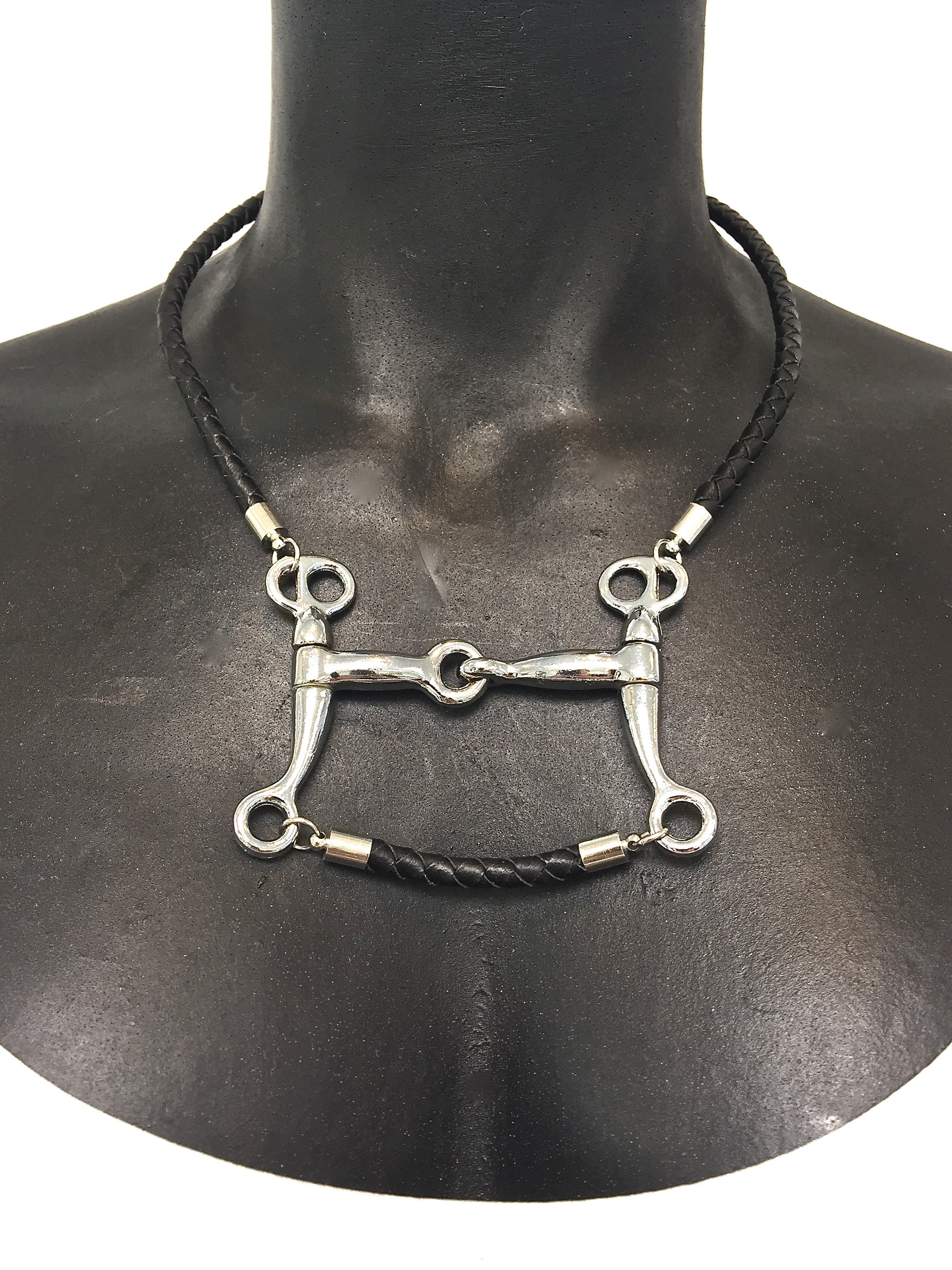 5 MM ROUND BRAIDED LEATHER NECKLACE WITH PELHAM HORSE BIT PENDANT AND LEATHER BAR by nyet jewelry