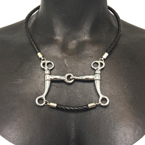 5 MM ROUND BRAIDED LEATHER NECKLACE WITH PELHAM HORSE BIT PENDANT AND LEATHER BAR by nyet jewelry