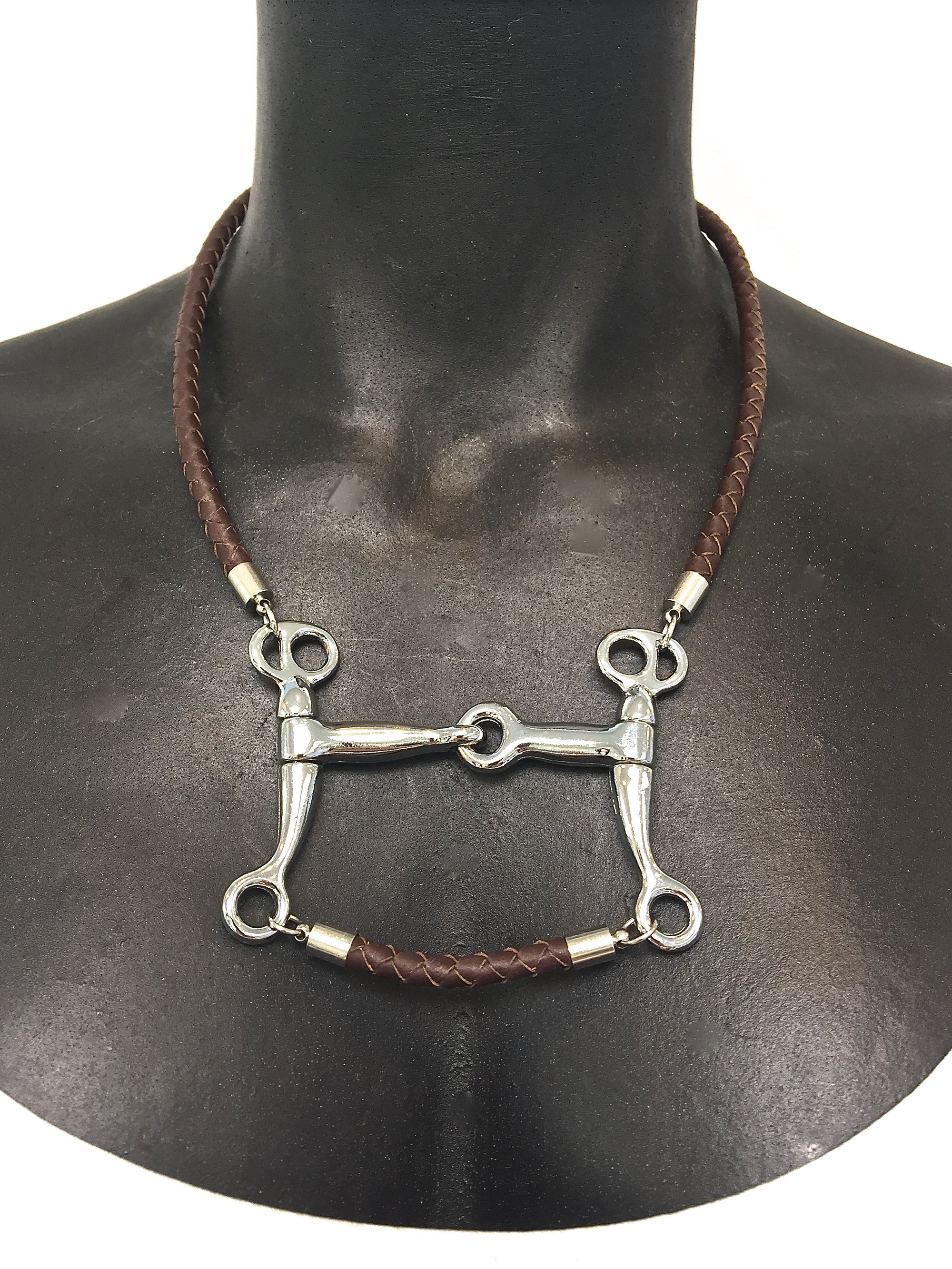 5 MM ROUND BRAIDED LEATHER NECKLACE WITH PELHAM HORSE BIT PENDANT AND LEATHER BAR by nyet jewelry