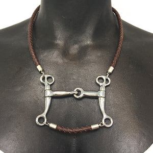 5 MM ROUND BRAIDED LEATHER NECKLACE WITH PELHAM HORSE BIT PENDANT AND LEATHER BAR by nyet jewelry