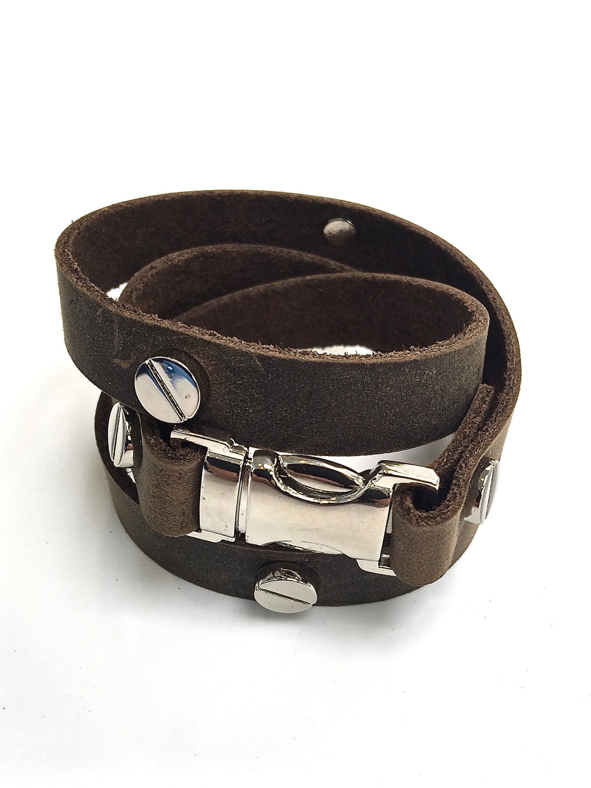 Quicksnap triple leather wraparound bracelet distressed utility by NYET jewelry leather