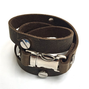 Quicksnap triple leather wraparound bracelet distressed utility by NYET jewelry leather