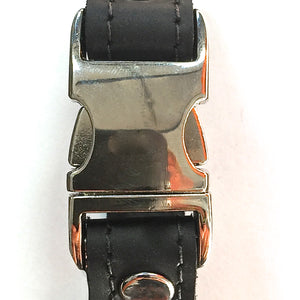 Black leather bracelet with side squeeze aluminum buckle