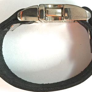 Black leather bracelet with side squeeze aluminum buckle