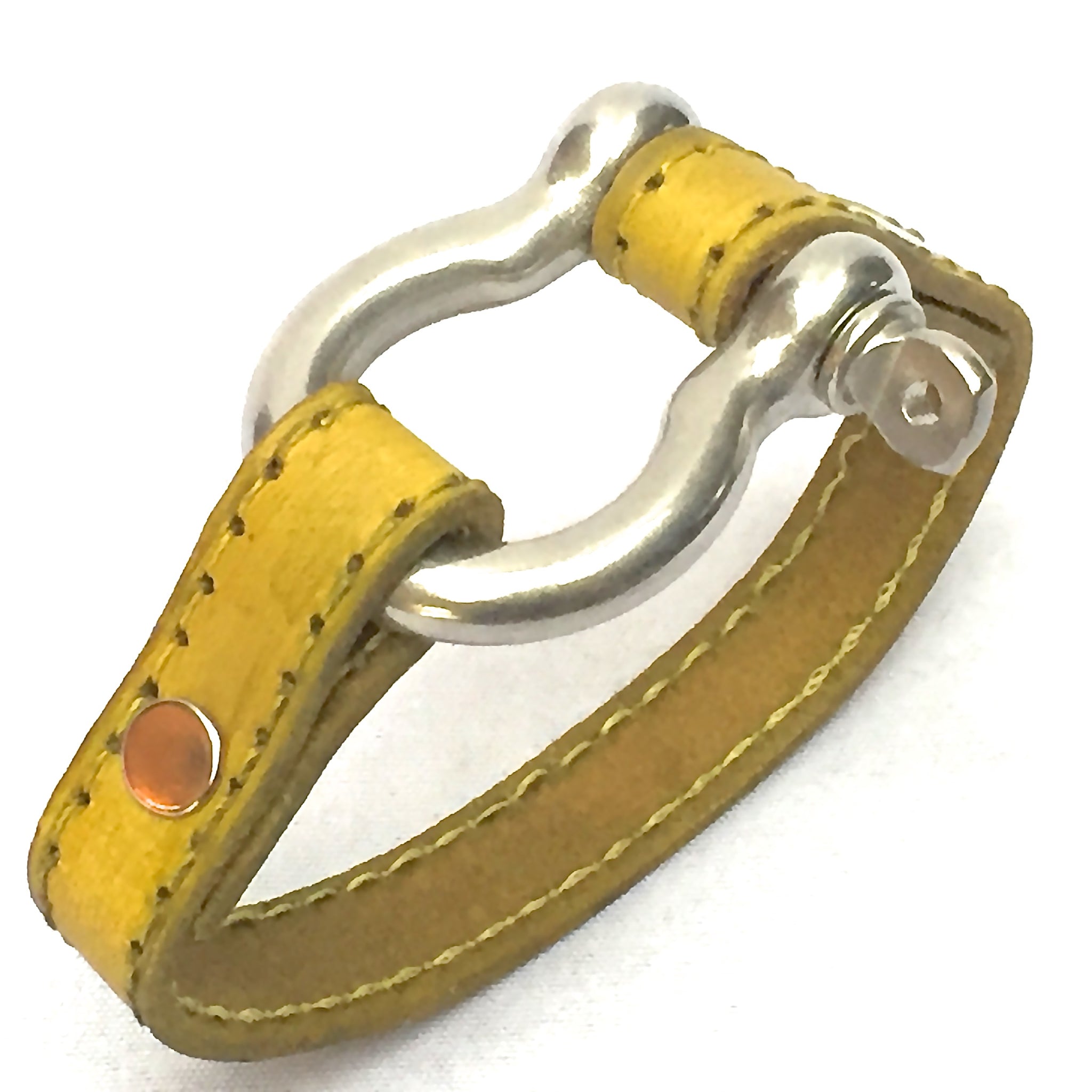 STITCHED LEATHER AND STAINLESS STEEL SHACKLE by nyet jewelry.
