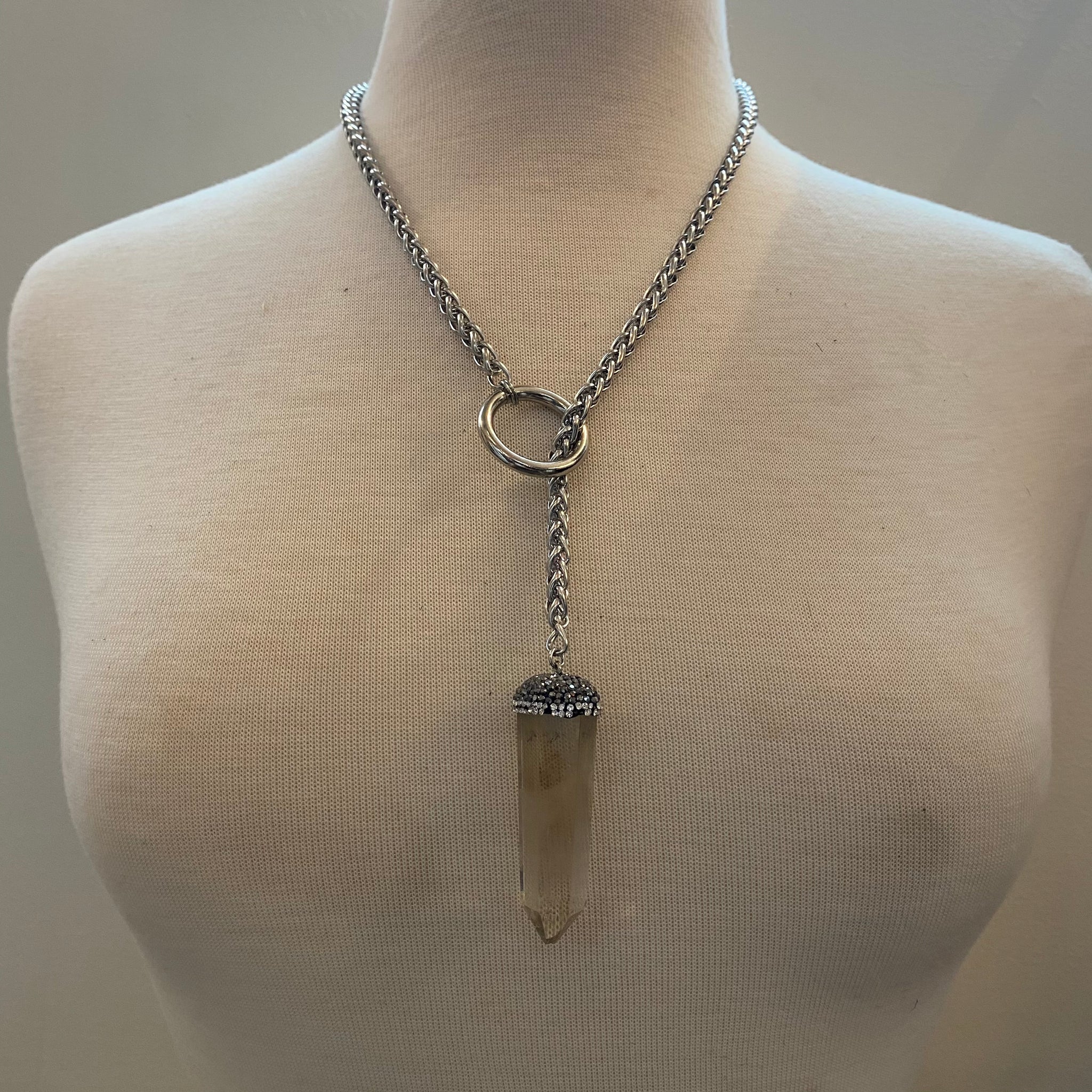 LARIAT MADE OF STAINLESS STEEL CHAIN WITH LARGE SMOKY QUARTZ PENDANT. by NYET Jewelry.