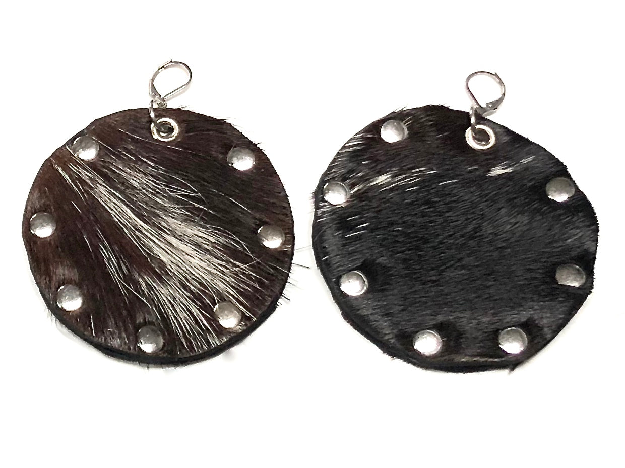 HAIR-ON COWHIDE DISC EARRINGS WITH METAL RIVETS NYET Jewelry