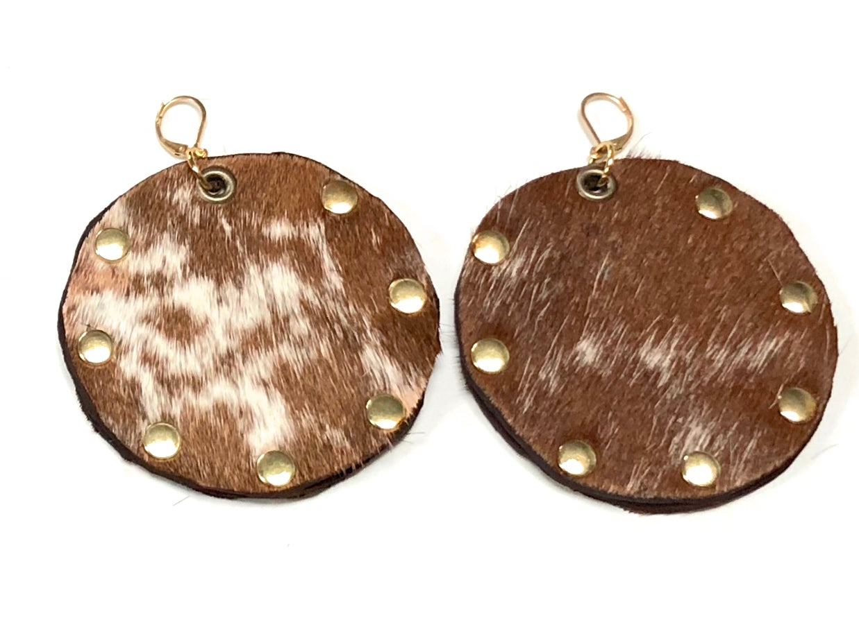 HAIR-ON COWHIDE DISC EARRINGS WITH METAL RIVETS NYET Jewelry