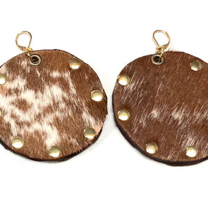 HAIR-ON COWHIDE DISC EARRINGS WITH METAL RIVETS NYET Jewelry