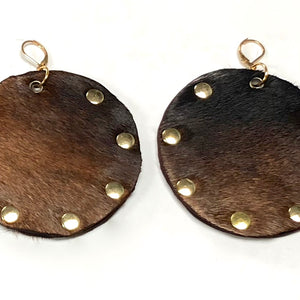 HAIR-ON COWHIDE DISC EARRINGS WITH METAL RIVETS NYET Jewelry