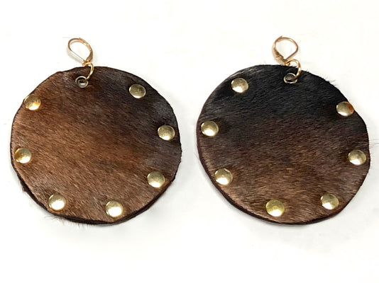 HAIR-ON COWHIDE DISC EARRINGS WITH METAL RIVETS NYET Jewelry