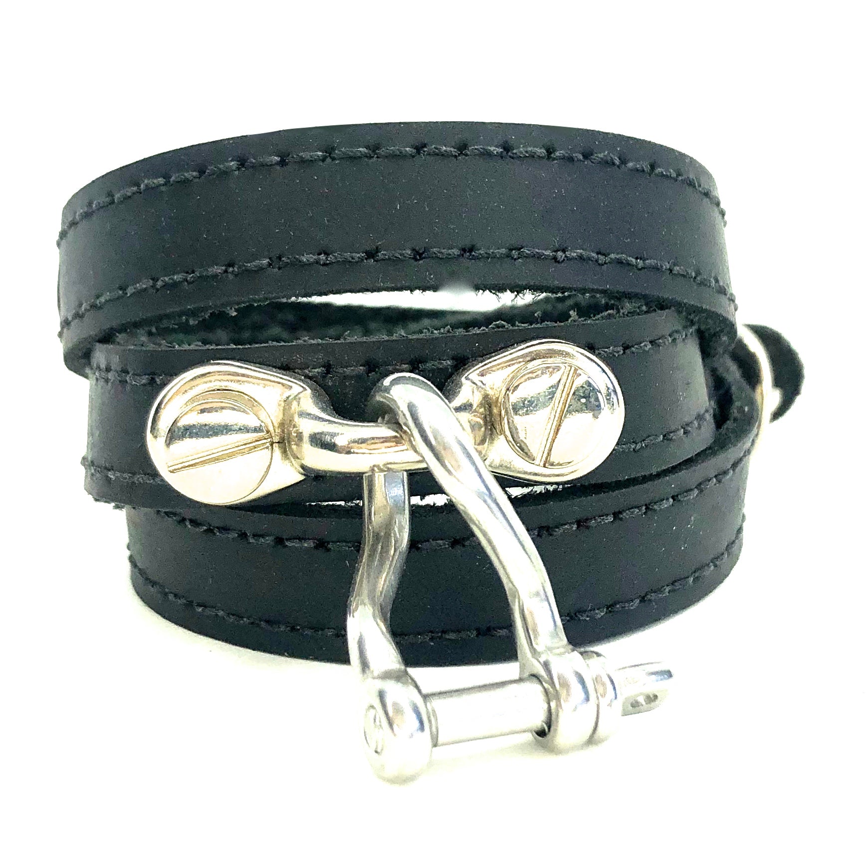 TRIPLE WRAPAROUND LEATHER BRACELET WITH COACHMAN LOOP AND TWISTED ANCHOR SHACKLE  by NYET Jewelry.