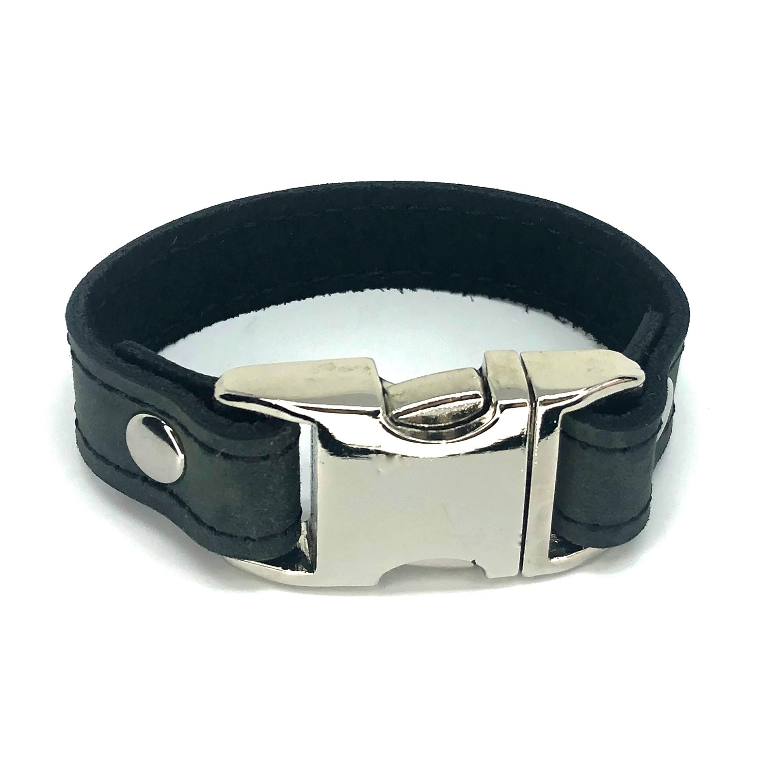 Distressed leather bracelet with side squeeze aluminum buckle by NYET Jewelry