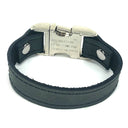 Distressed leather bracelet with side squeeze aluminum buckle by NYET Jewelry