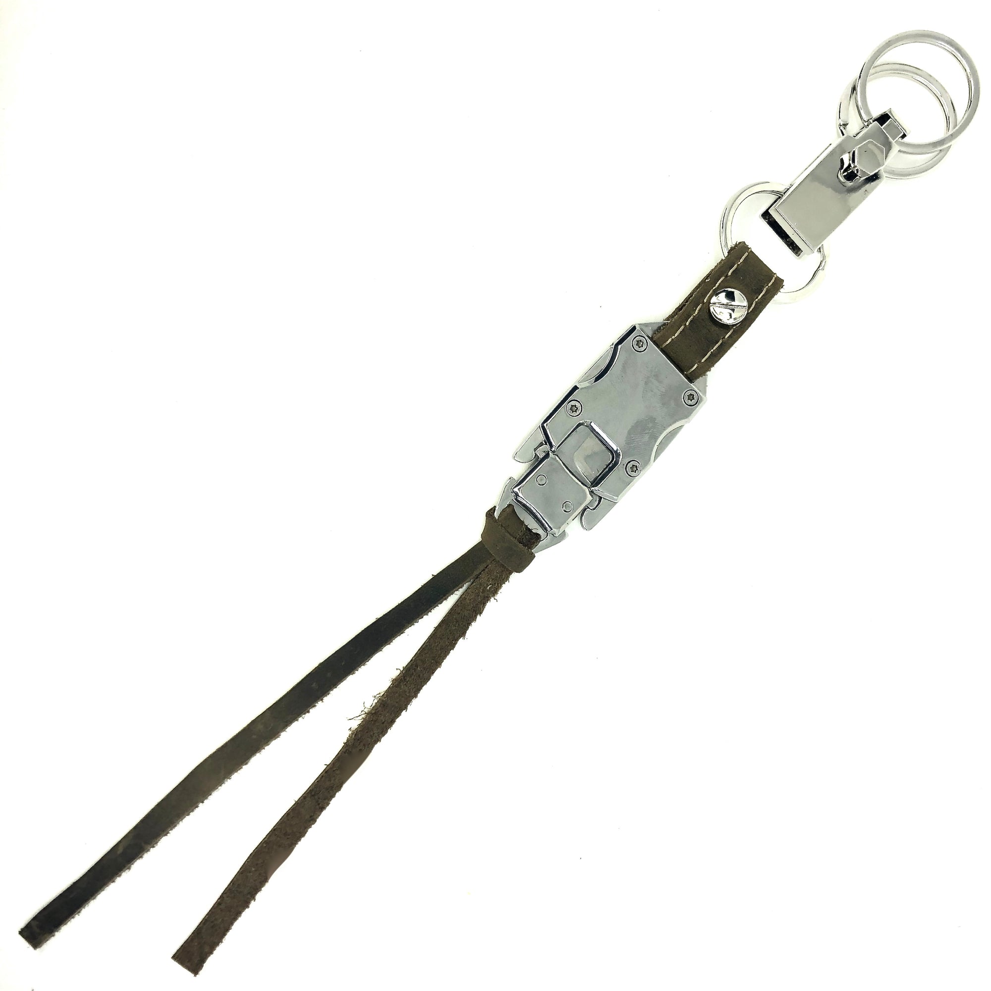 LEATHER KEY CHAIN WITH SQUEEZE BUTTON TO REVEAL HIDDEN SURVIVAL KNIFE by nyet jewelry