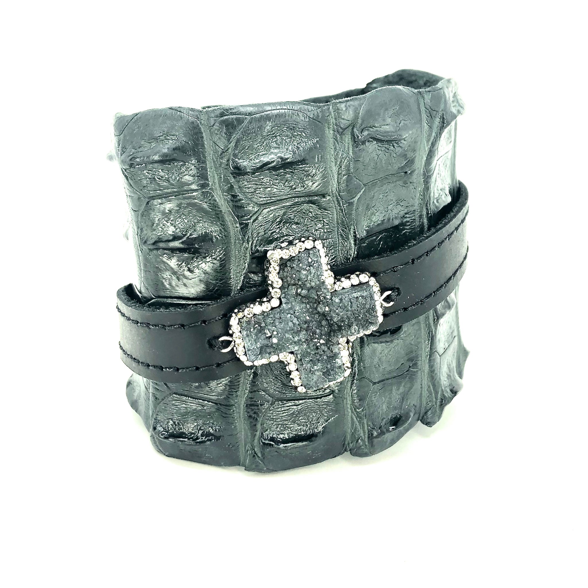 FARM-RAISED CROCODILE LEATHER CUFF WITH PAVE RHINESTONES ADORNMENT AND ADJUSTABLE BUCKLE. by nyet jewelry.