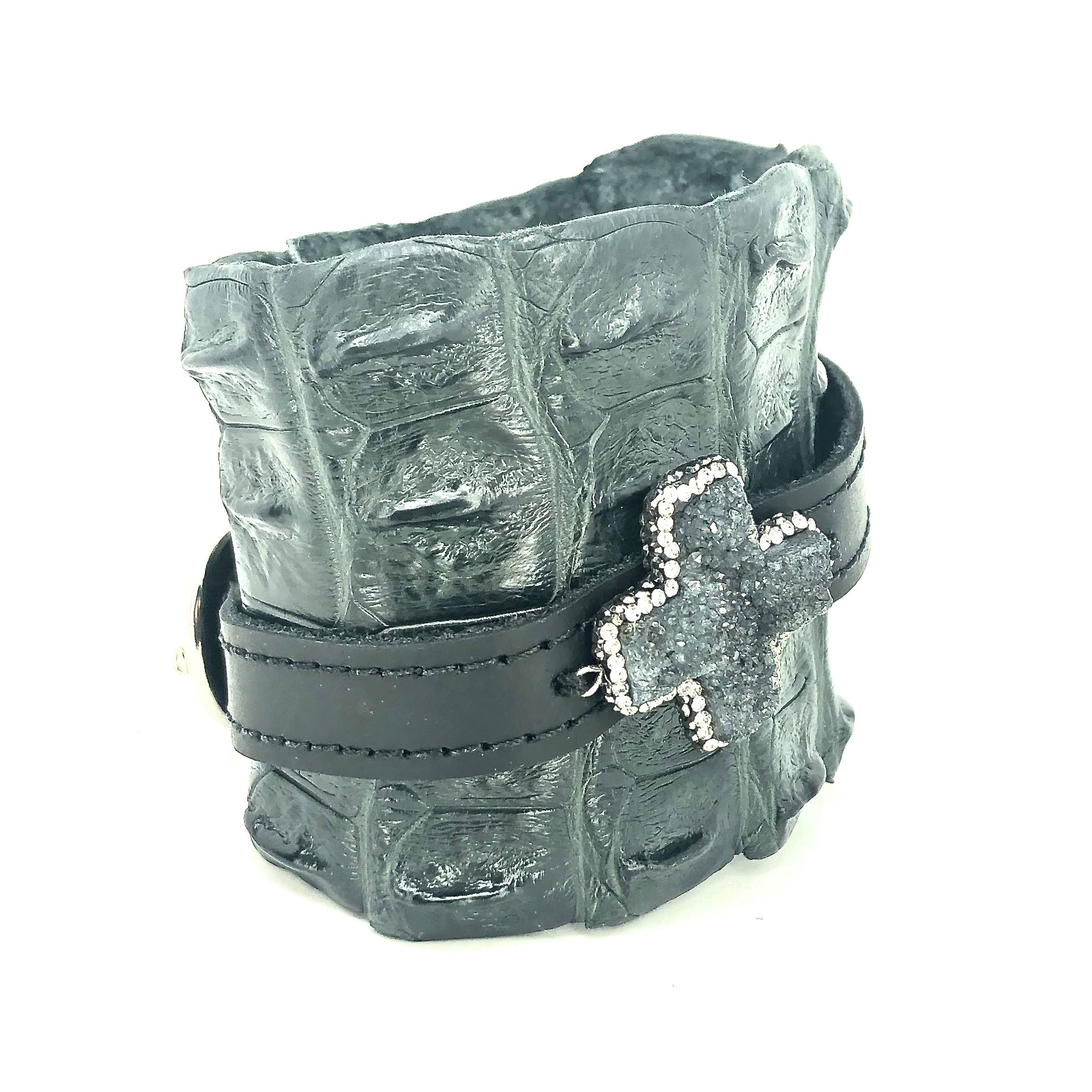 FARM-RAISED CROCODILE LEATHER CUFF WITH PAVE RHINESTONES ADORNMENT AND ADJUSTABLE BUCKLE. by nyet jewelry.