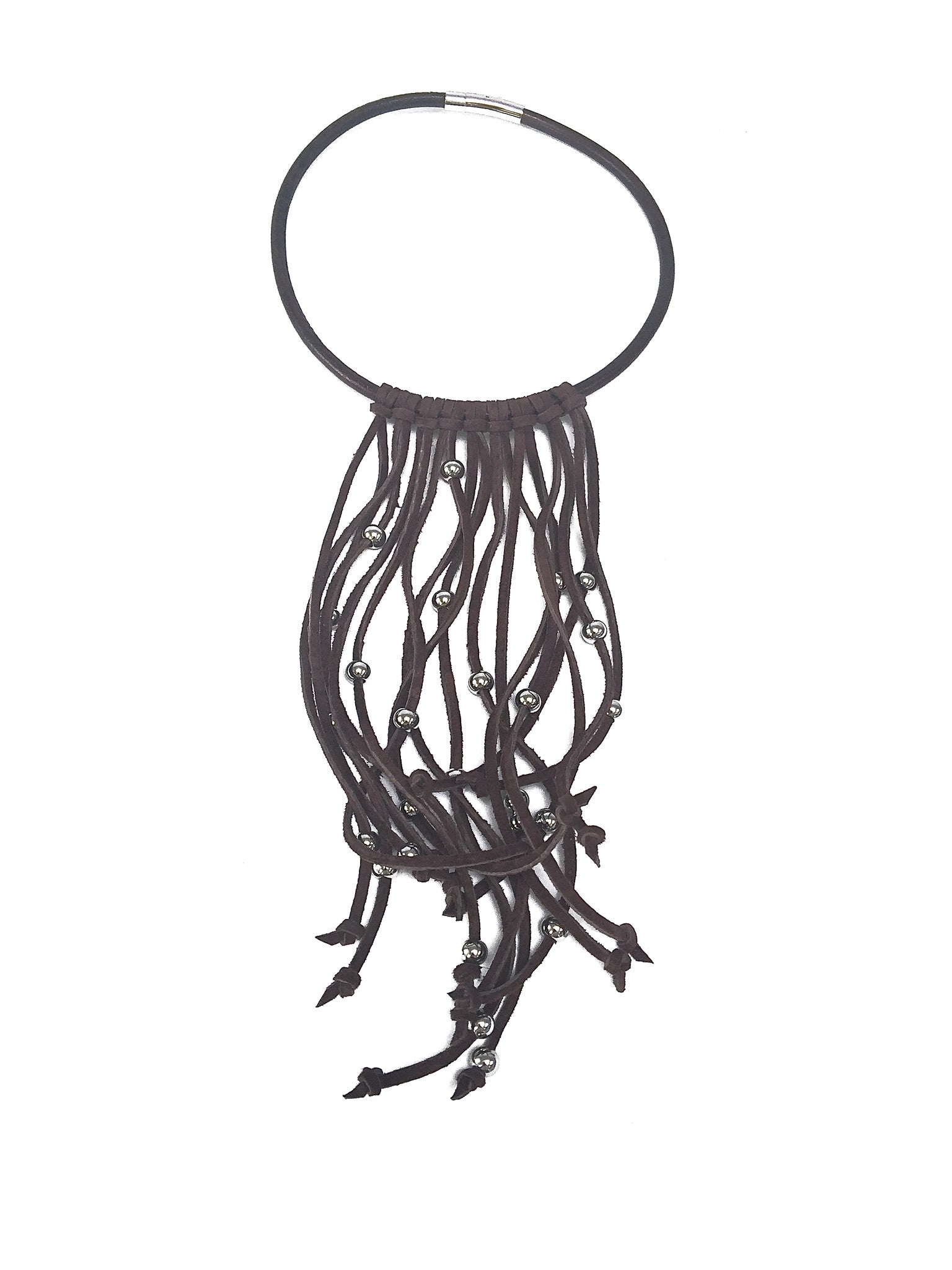 pinball necklace Brown with suede fringe by nyet jewelry.
