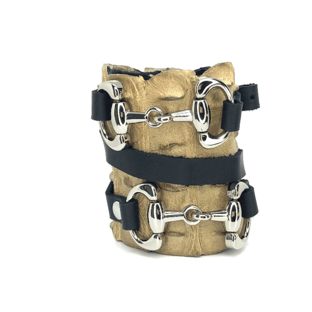 FARM-RAISED CROCODILE LEATHER CUFF WITH 2 D-RING HORSE BITS AND ADJUSTABLE BUCKLE. by NYET Jewelry.