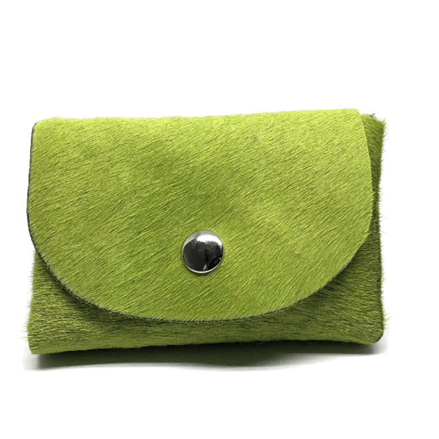 GRASS GREEN HAIR-ON COWHIDE 2-COMPARTMENT WALLET WITH SNAP CLOSURE.
