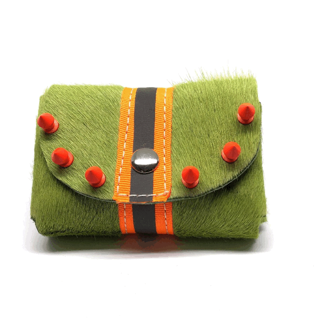 GRASS GREEN HAIR-ON COWHIDE 2-COMPARTMENT WALLET WITH SNAP CLOSURE. By NYET Jewelry.