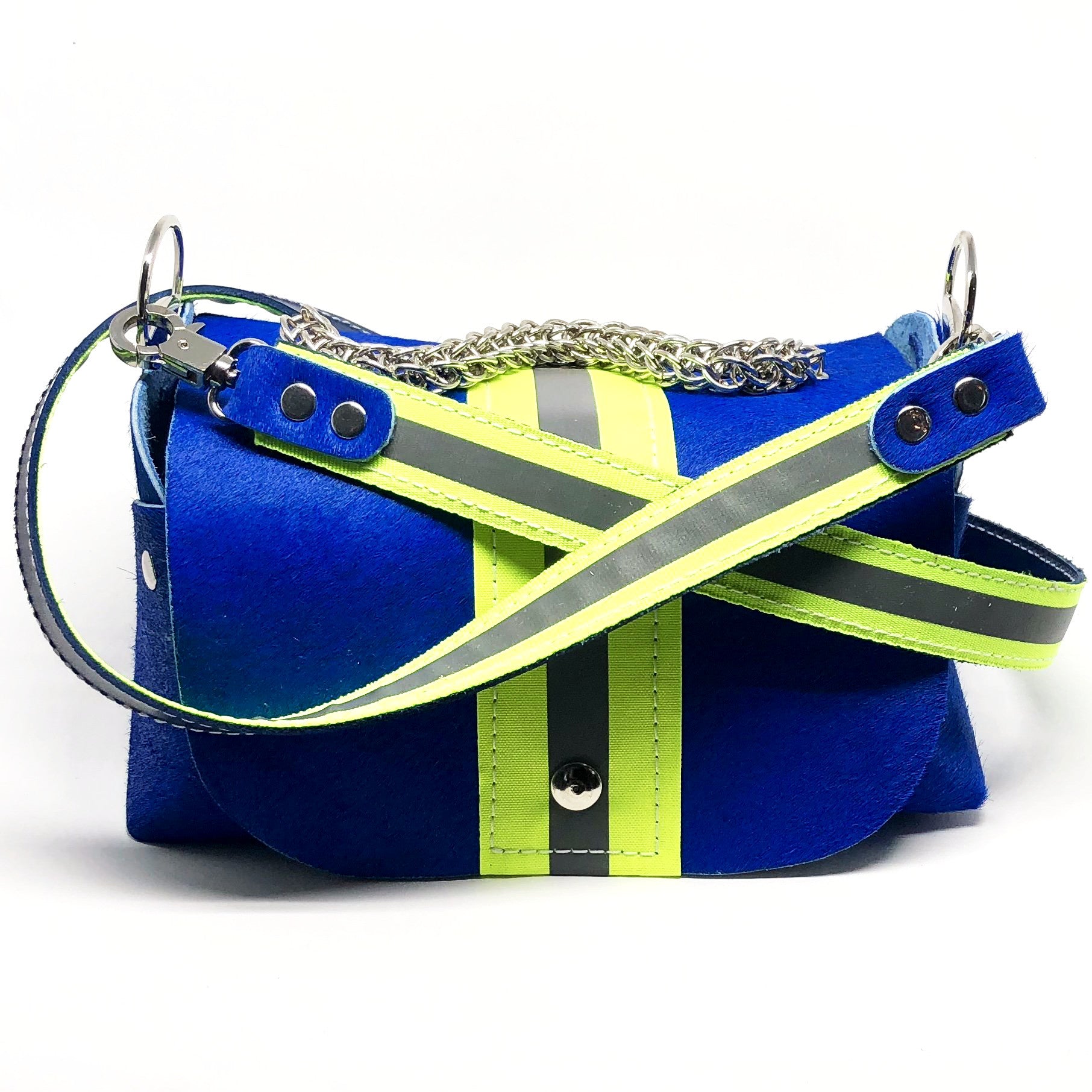 HAIR-ON COWHIDE LEATHER WITH WIDE NEON YELLOW REFLECTIVE TRIM. By NYET Jewelry.