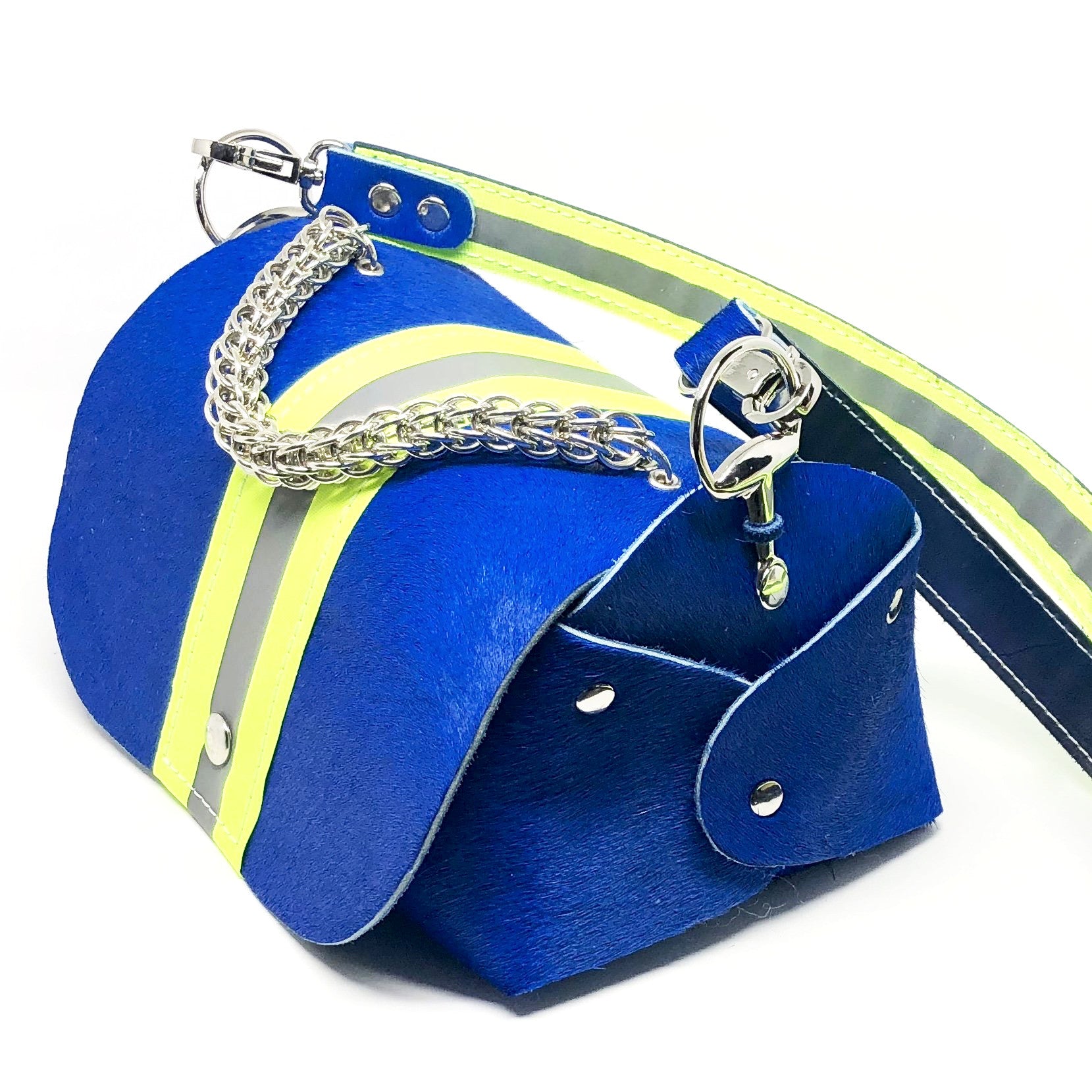 HAIR-ON COWHIDE LEATHER WITH WIDE NEON YELLOW REFLECTIVE TRIM. By NYET Jewelry.