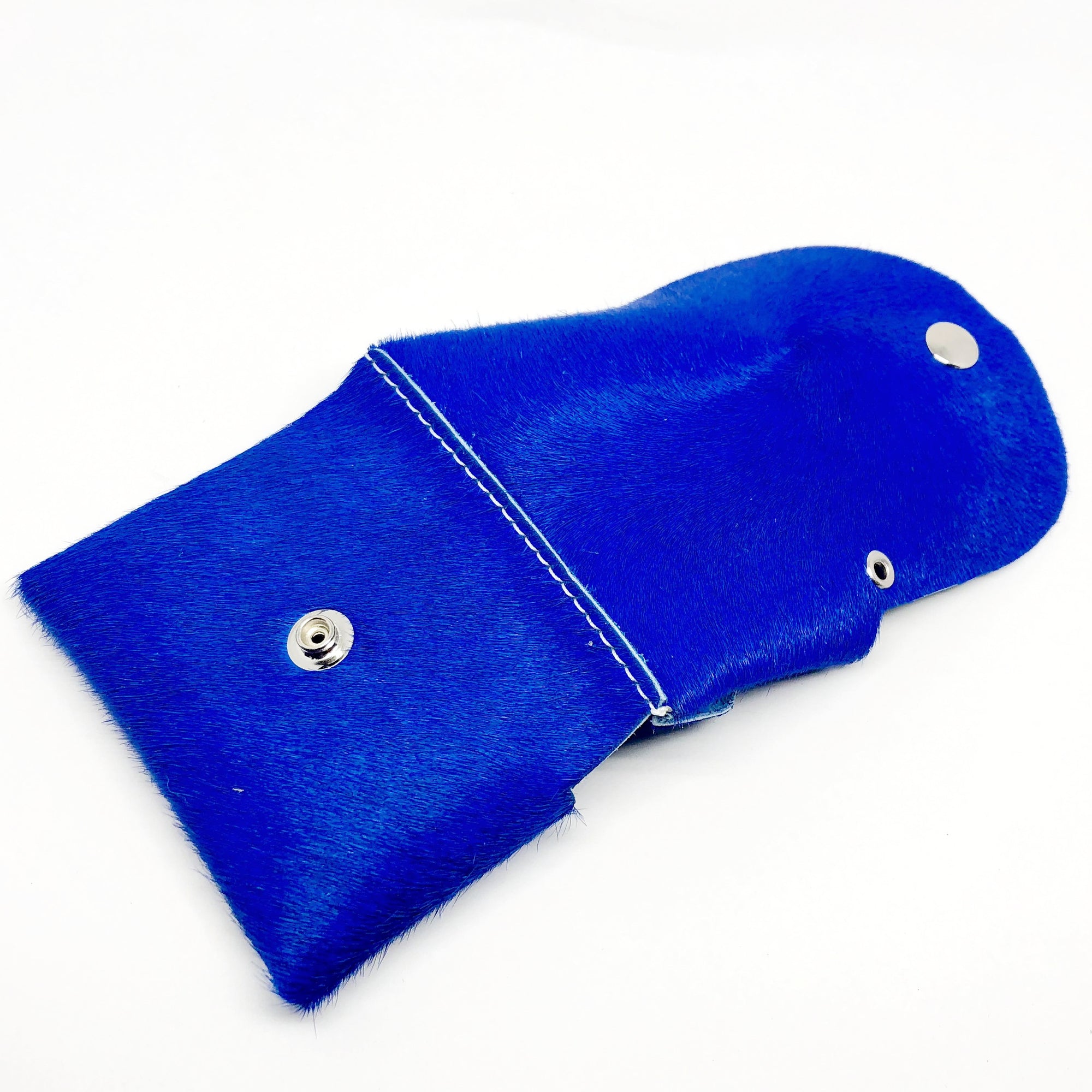 COBALT BLUE HAIR-ON COWHIDE 2-COMPARTMENT WALLET WITH SNAP CLOSURE. by NYET Jewelry.