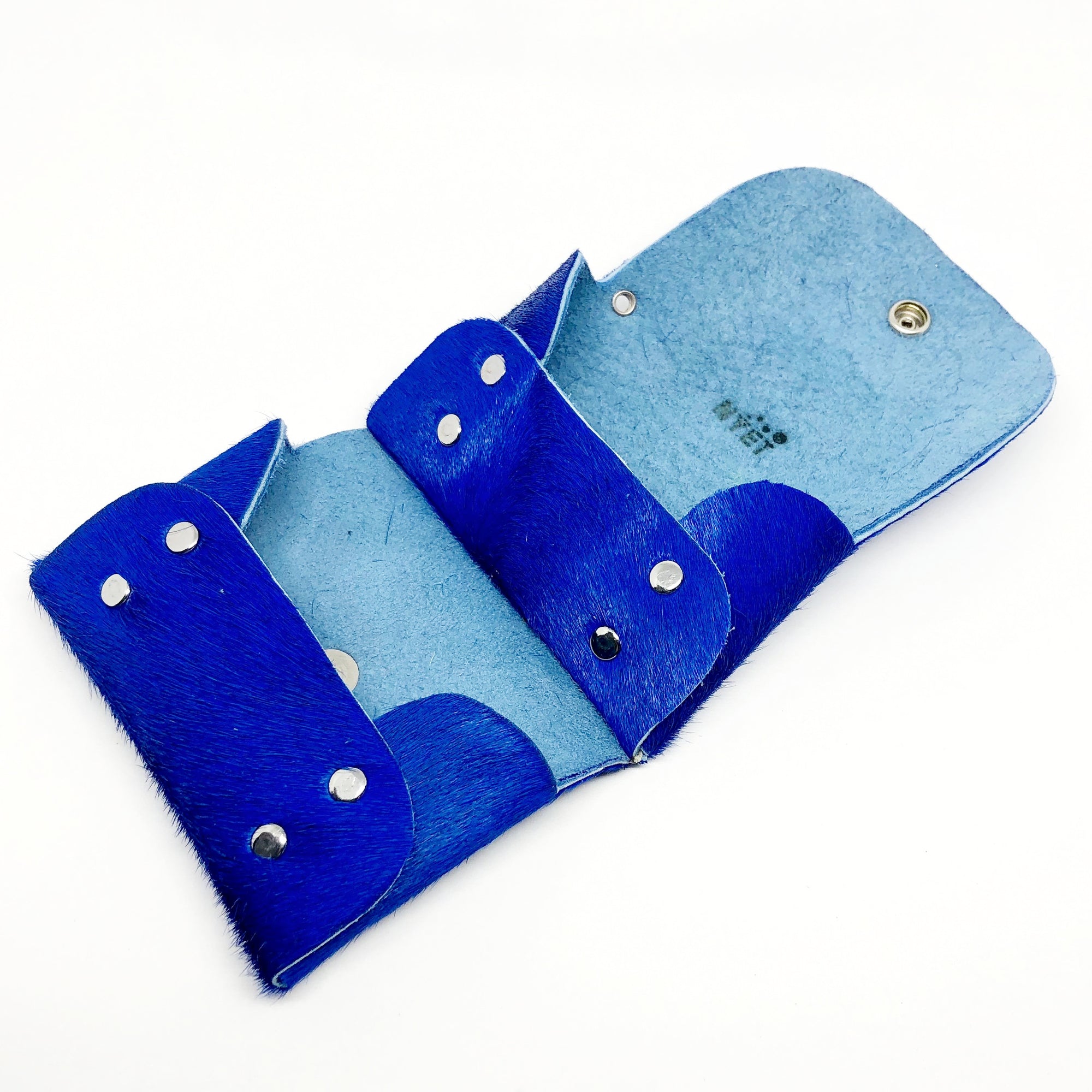 COBALT BLUE HAIR-ON COWHIDE 2-COMPARTMENT WALLET WITH SNAP CLOSURE. by NYET Jewelry.