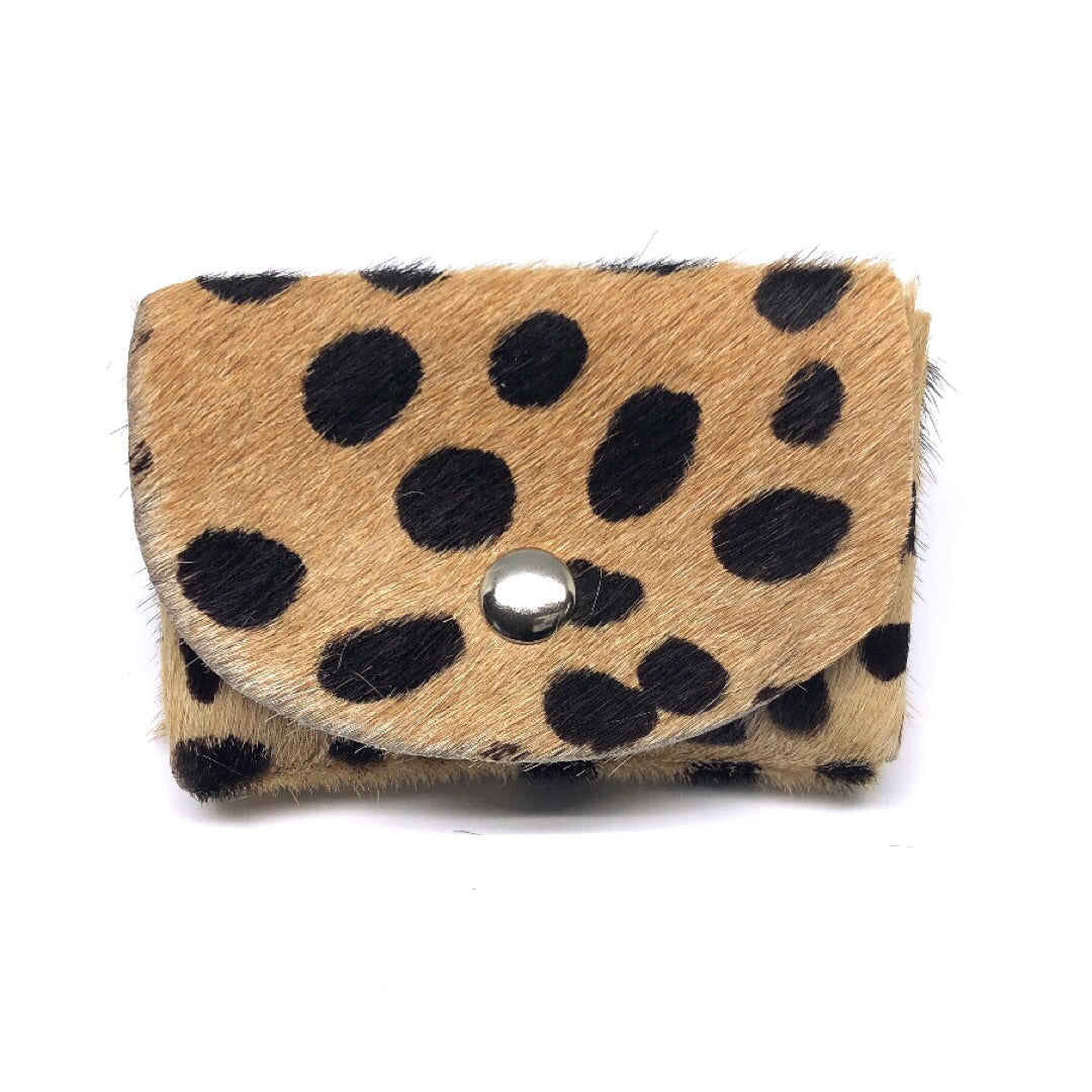 CHEETAH PRINT HAIR-ON COWHIDE 2-COMPARTMENT WALLET WITH SNAP CLOSURE. by nyet jewelry