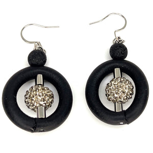 BLACK RUBBER EARRINGS WITH LAVA STONE, RHINESTONES BEADS AND SILVER ENDCAPS. by nyet jewelry