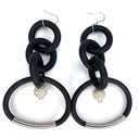 BLACK RUBBER EARRINGS WITH RHINESTONES BEADS AND SILVER BARS AND ENDCAPS. by nyet jewelry