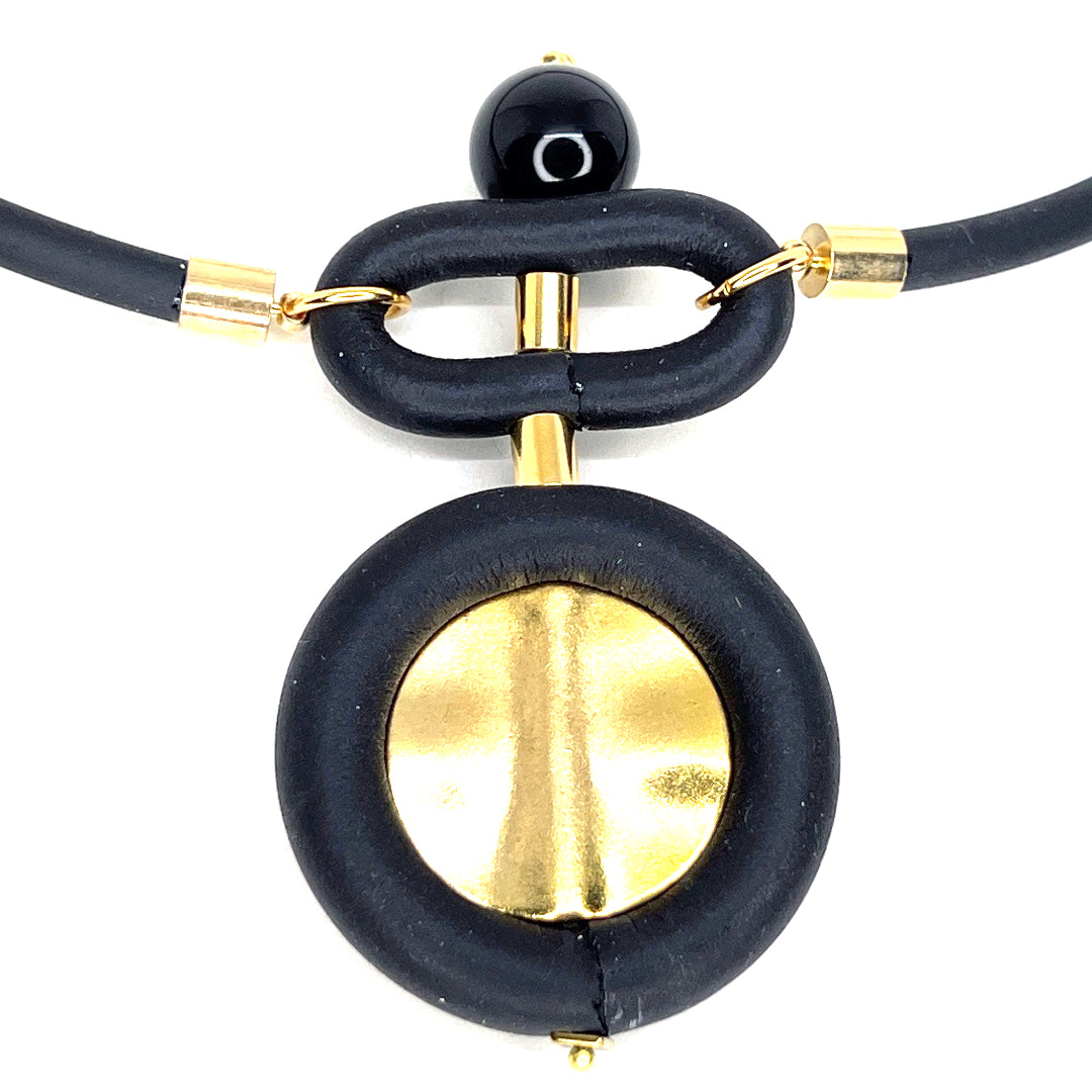 BLACK RUBBER NECKLACE WITH OBSIDIAN AND GOLD METAL BEADS.by nyet jewelry