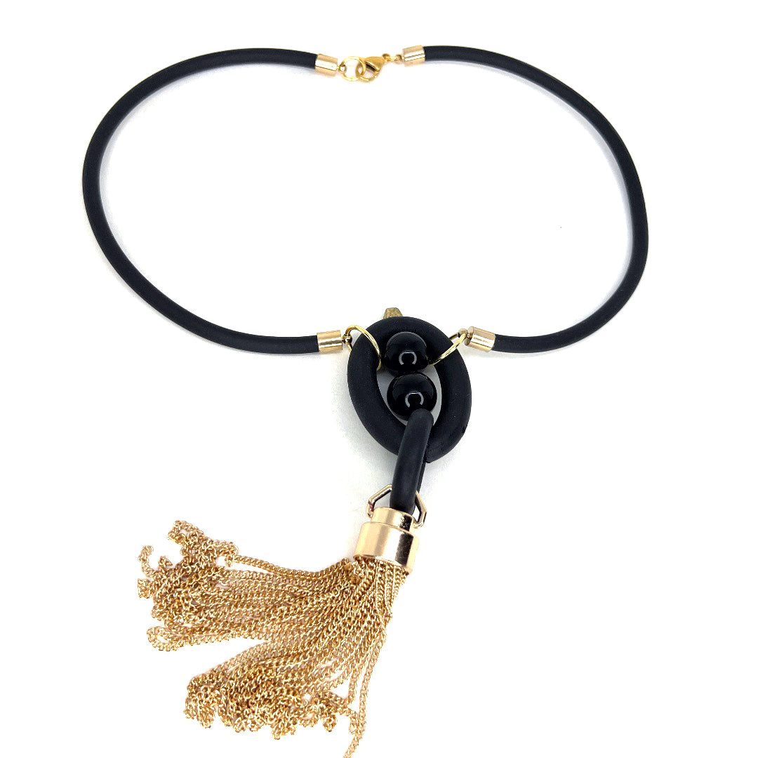 BLACK RUBBER NECKLACE WITH OBSIDIAN BEADS AND METAL CHAINS TASSEL IN GOLD OR SILVER. by nyet jewelry