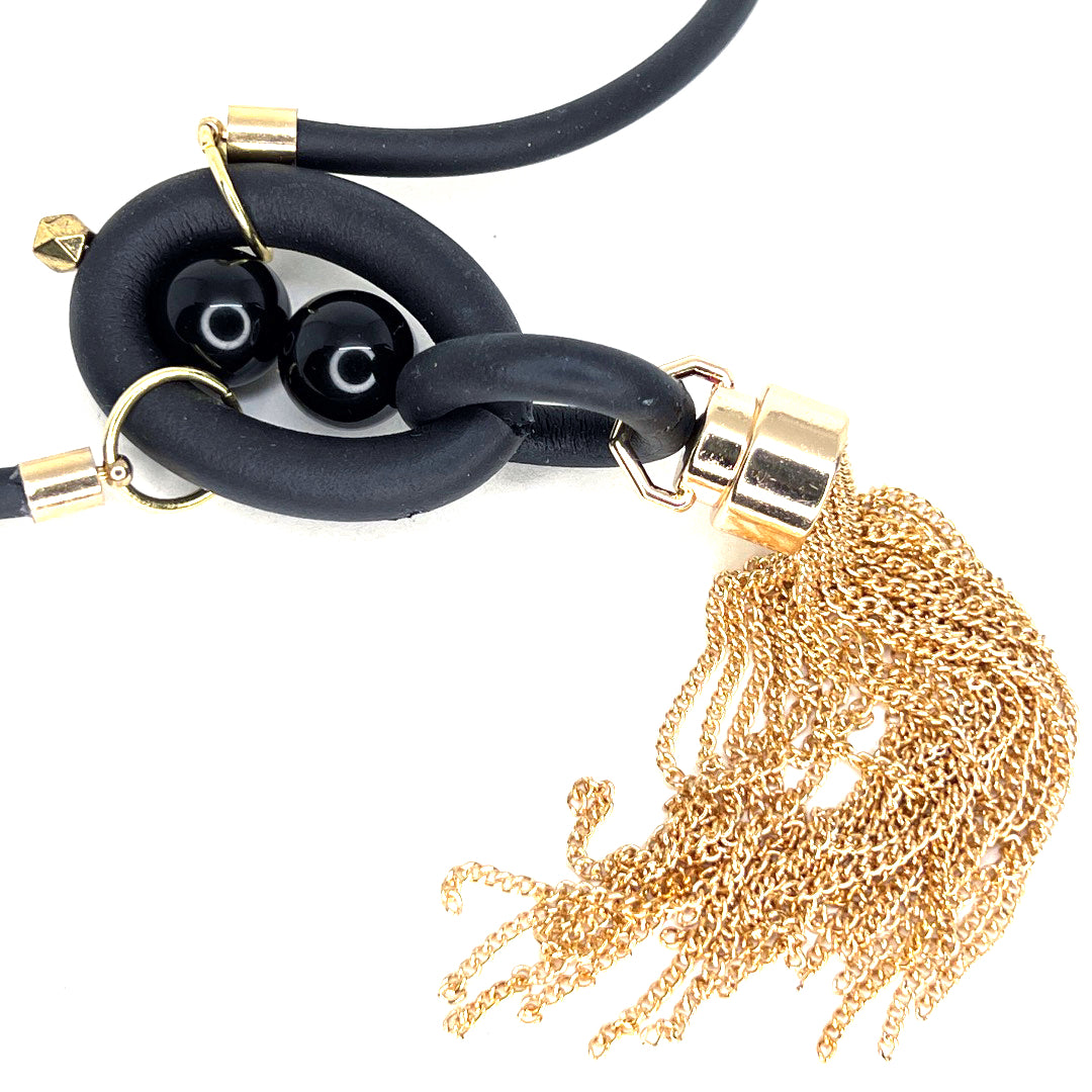 BLACK RUBBER NECKLACE WITH OBSIDIAN BEADS AND METAL CHAINS TASSEL IN GOLD OR SILVER. by nyet jewelry