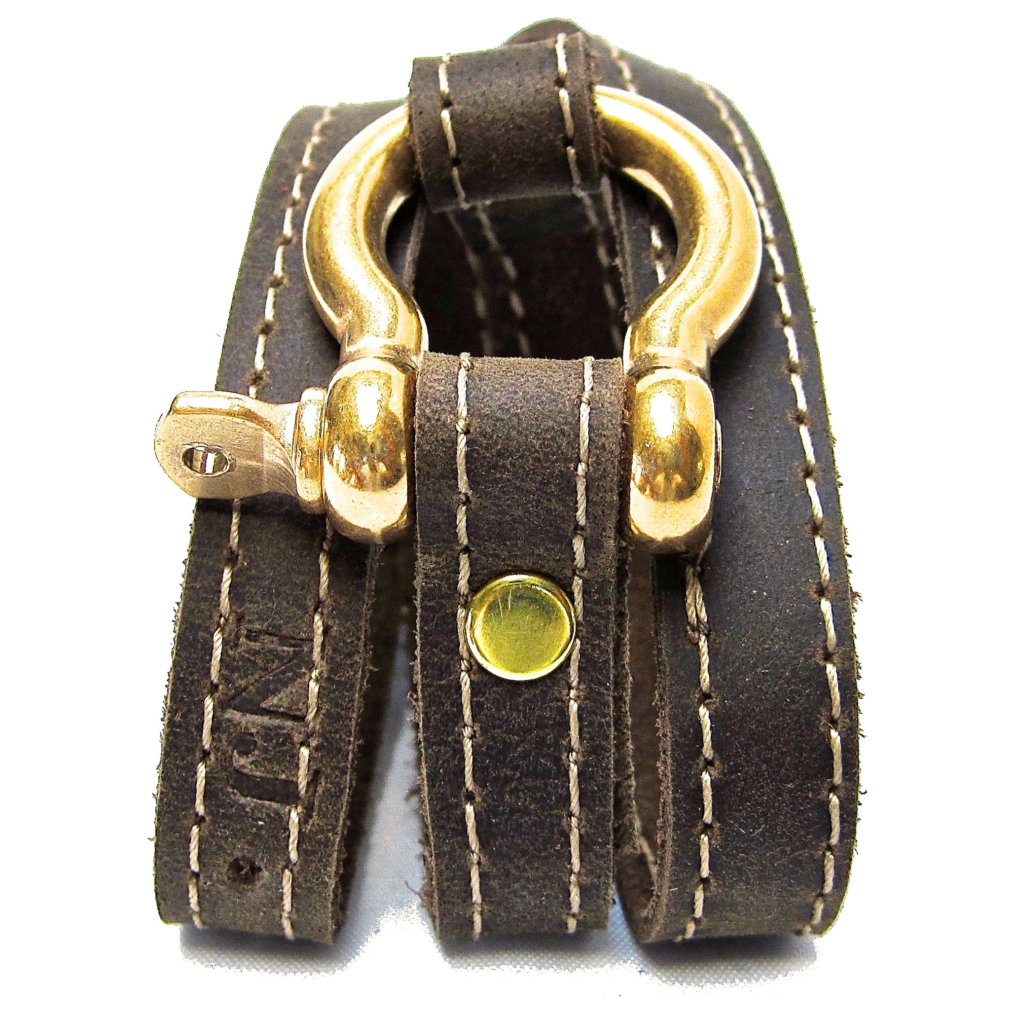 Nyet jewelry Signature Gold Shackle Wraparound Bracelet Distressed Utility Leather BY NYET JEWELRY